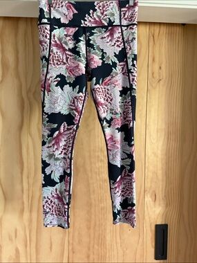 Athleta Black Floral Leggings with Pink & Cream Blooms